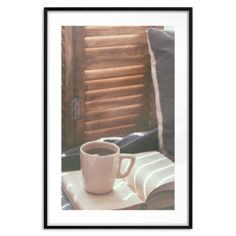 Wall Poster Mug of Memories - open book with tea against wooden doors 124456 additionalImage 15