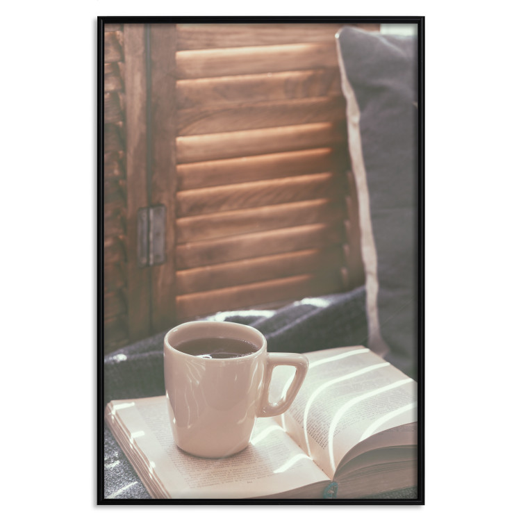 Wall Poster Mug of Memories - open book with tea against wooden doors 124456 additionalImage 24