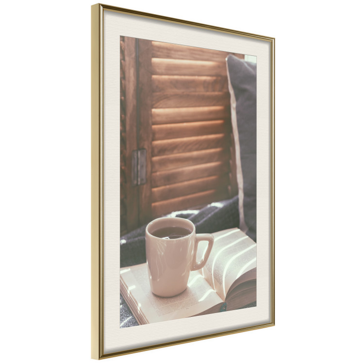 Wall Poster Mug of Memories - open book with tea against wooden doors 124456 additionalImage 2