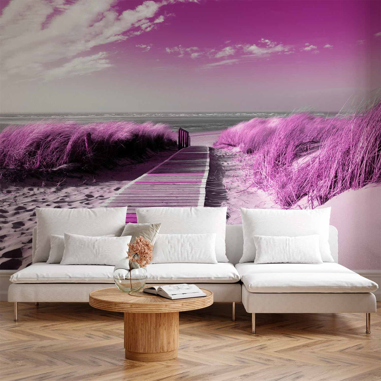 Photo Wallpaper Wooden descent - purple landscape of a sandy beach by the sea 88956
