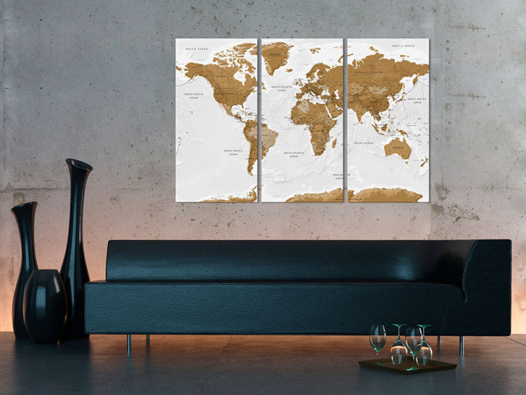 Canvas World Map: White Poetry (3-part) - brown continents on white 94556 additionalImage 3