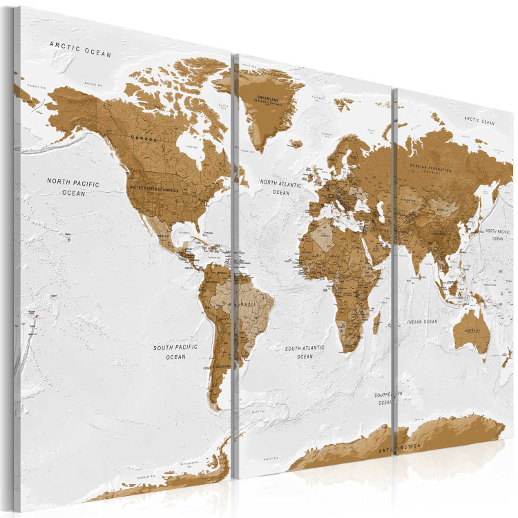 Canvas World Map: White Poetry (3-part) - brown continents on white 94556 additionalImage 2