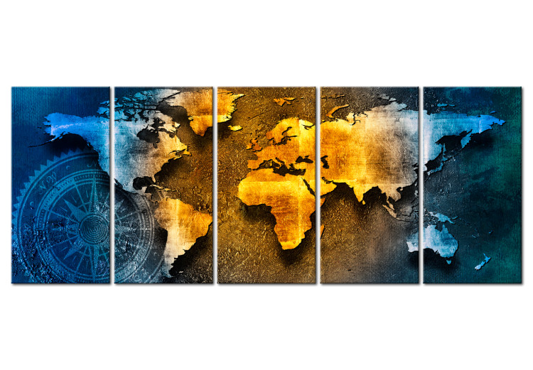 Canvas Print Blue Shadow (5-piece) - World Map with Compass on Texture 105766