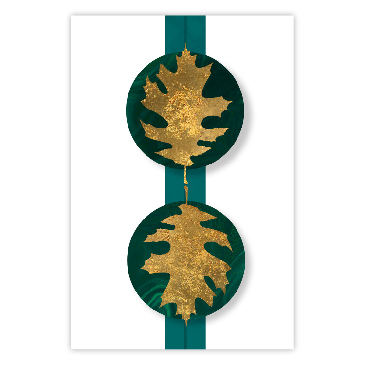 Wall Poster Green Wealth - emerald elements and golden leaves on white 117566