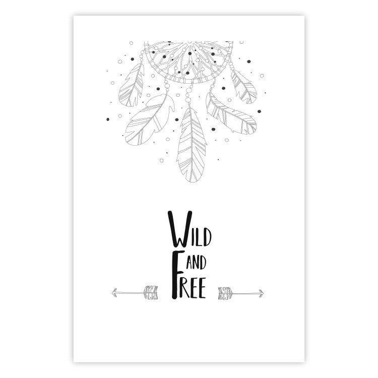 Wall Poster Wild and Free - black and white hanging feathers above English texts 123366 additionalImage 19