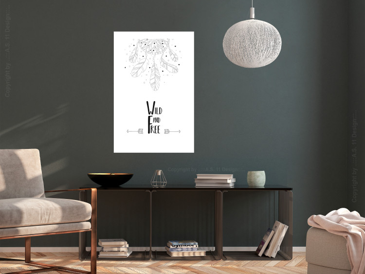 Wall Poster Wild and Free - black and white hanging feathers above English texts 123366 additionalImage 2