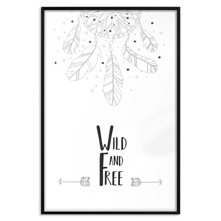 Wall Poster Wild and Free - black and white hanging feathers above English texts 123366 additionalImage 18