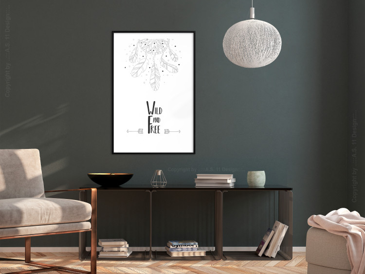 Wall Poster Wild and Free - black and white hanging feathers above English texts 123366 additionalImage 4