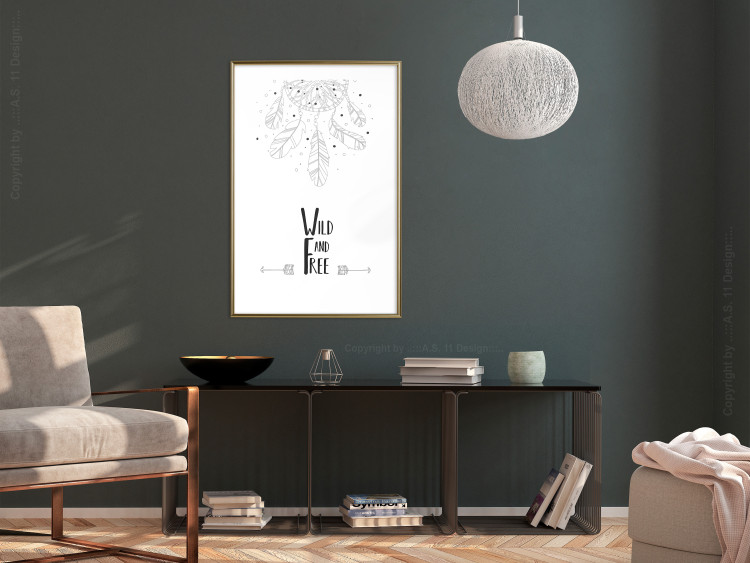 Wall Poster Wild and Free - black and white hanging feathers above English texts 123366 additionalImage 13