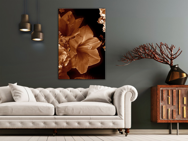 Canvas Art Print Lilies in sepia - minimalistic photo of flowers on dark background 123866 additionalImage 3