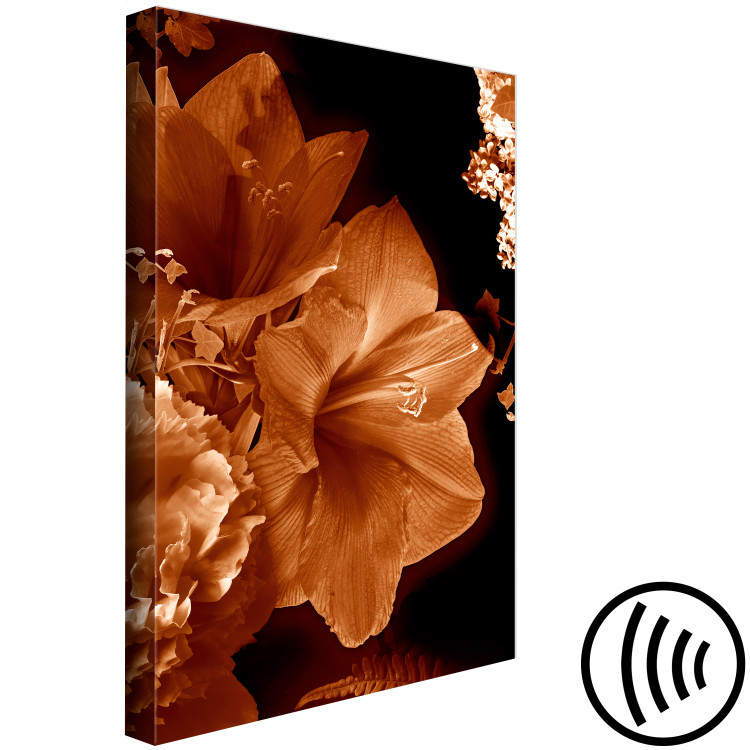 Canvas Art Print Lilies in sepia - minimalistic photo of flowers on dark background 123866 additionalImage 6