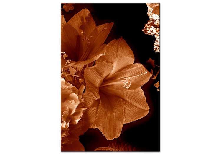 Canvas Art Print Lilies in sepia - minimalistic photo of flowers on dark background 123866