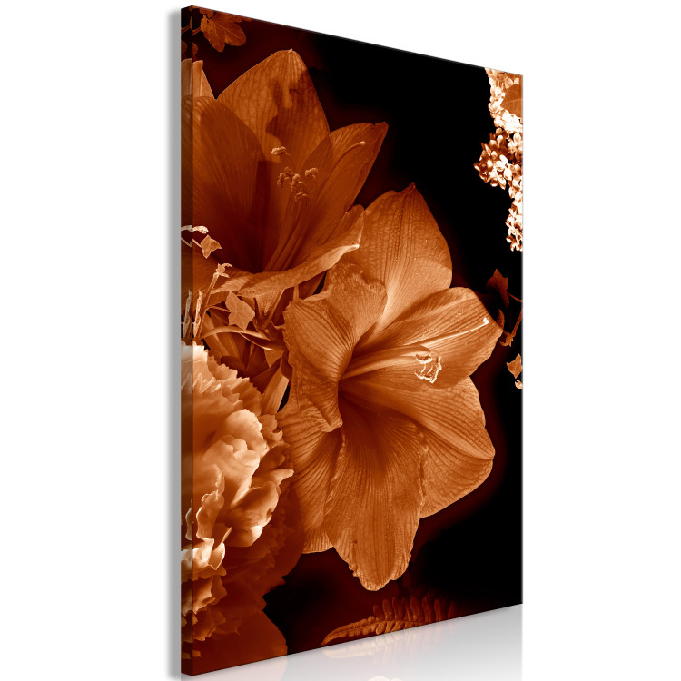 Canvas Art Print Lilies in sepia - minimalistic photo of flowers on dark background 123866 additionalImage 2