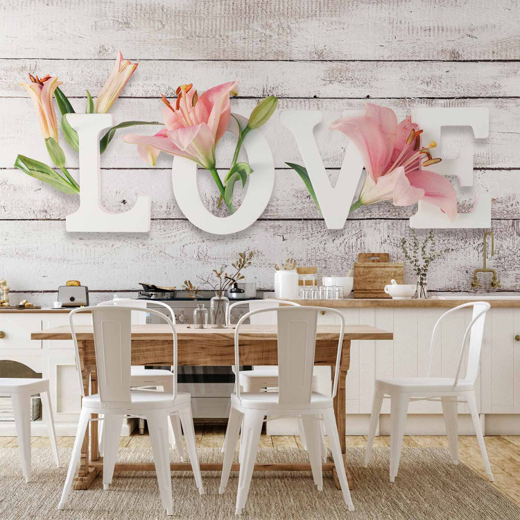Photo Wallpaper Flowers in love - inscription in English on a light background with wood texture 132166 additionalImage 6