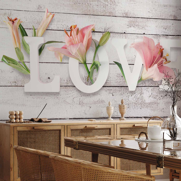 Photo Wallpaper Flowers in love - inscription in English on a light background with wood texture 132166 additionalImage 7