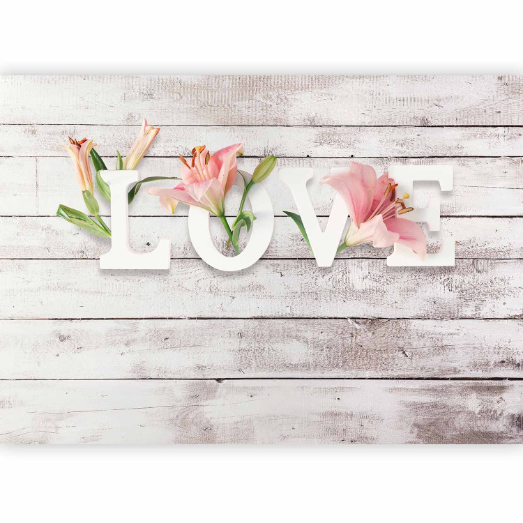 Photo Wallpaper Flowers in love - inscription in English on a light background with wood texture 132166 additionalImage 1