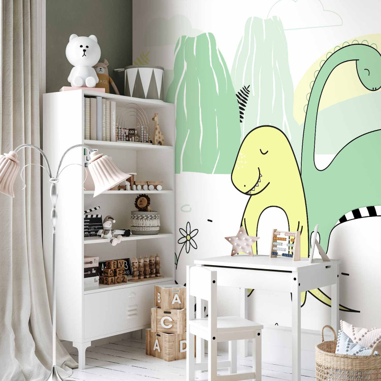 Wall Mural Children's landscape - plant and dinosaur motif in colour on a light background 143666 additionalImage 2