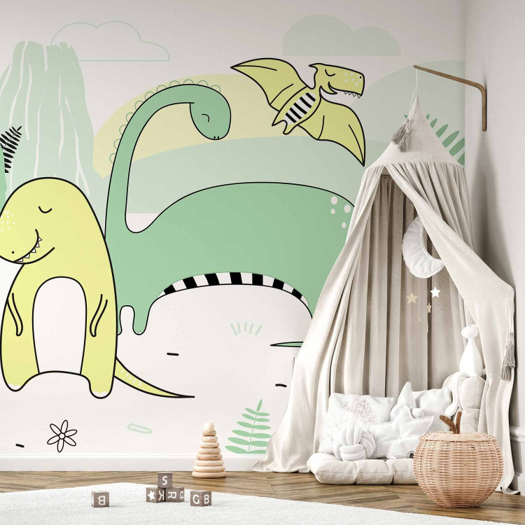 Wall Mural Children's landscape - plant and dinosaur motif in colour on a light background 143666 additionalImage 6