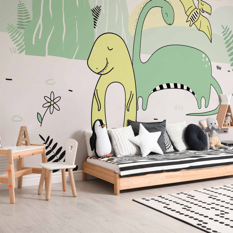 Wall Mural Children's landscape - plant and dinosaur motif in colour on a light background 143666 additionalImage 8