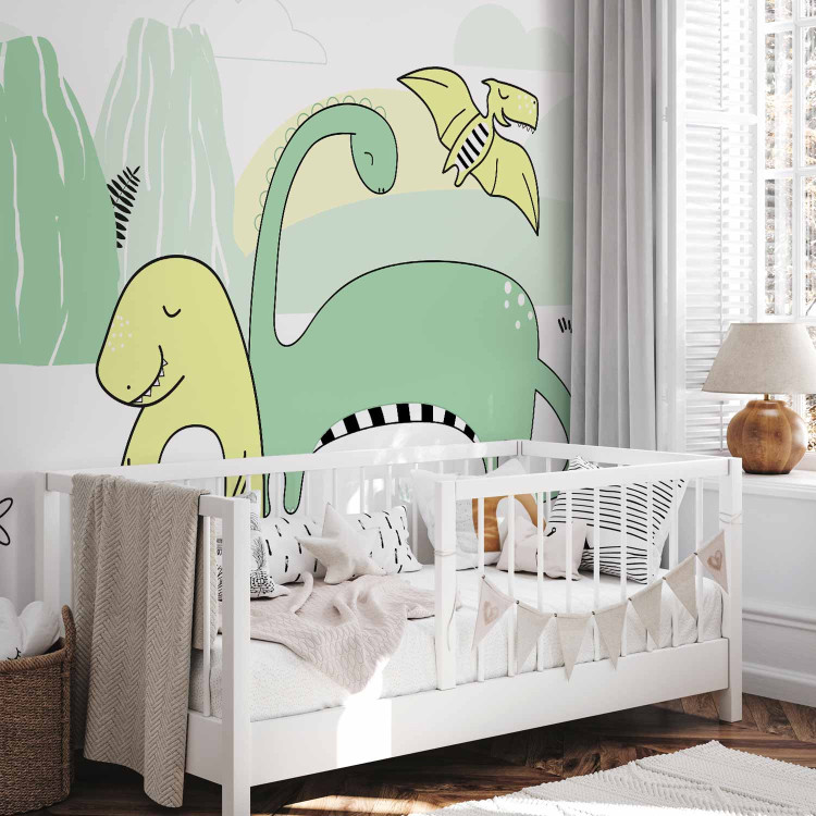 Wall Mural Children's landscape - plant and dinosaur motif in colour on a light background 143666 additionalImage 7