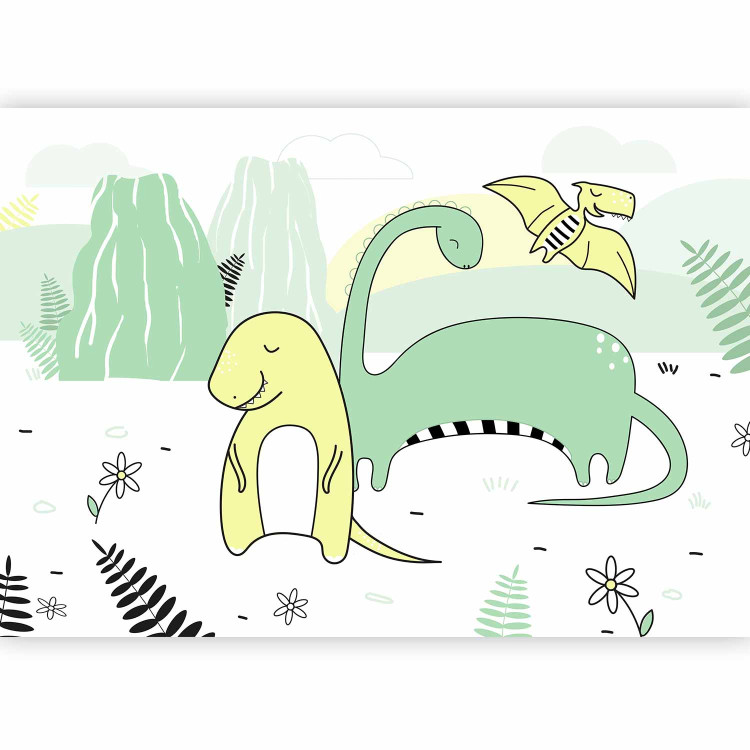 Wall Mural Children's landscape - plant and dinosaur motif in colour on a light background 143666 additionalImage 5