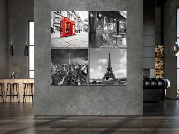 Canvas Print Holiday Postcards (4-piece) - black and white European cities 145266 additionalImage 3