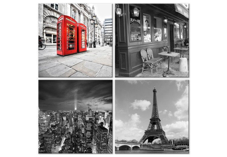 Canvas Print Holiday Postcards (4-piece) - black and white European cities 145266