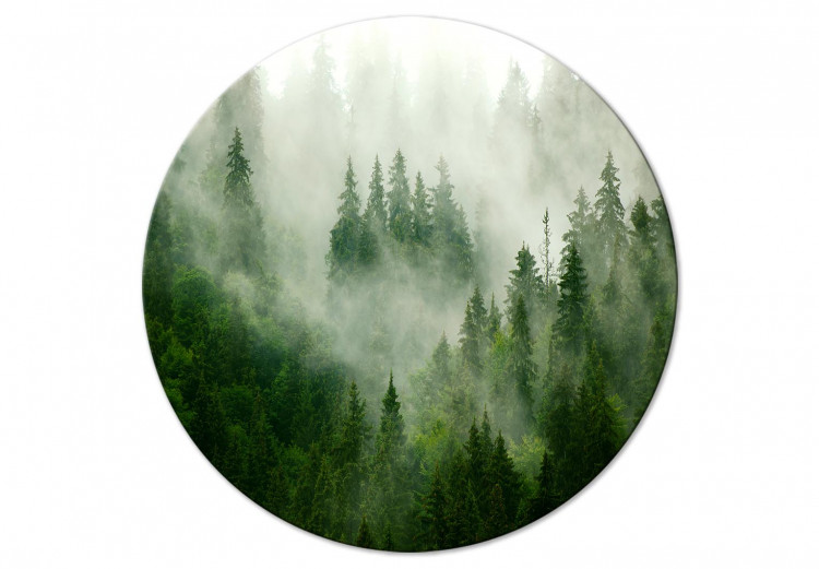 Round Canvas Foggy Forest - Landscape With Trees Among High Mountains 148666