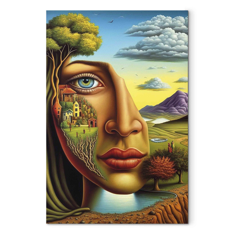 Canvas Abstract Portrait - A Face Against the Background of Mountains and a Small Town 151066 additionalImage 7