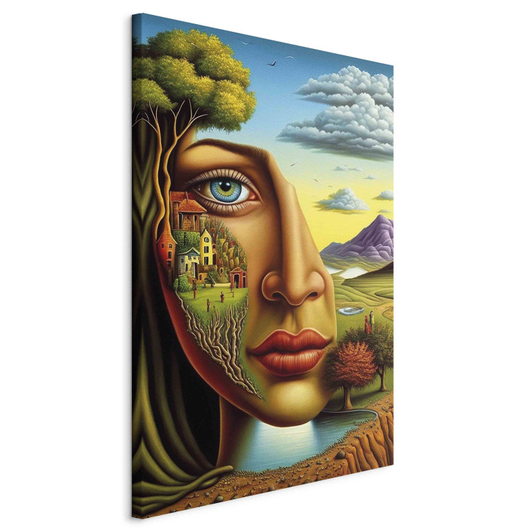 Canvas Abstract Portrait - A Face Against the Background of Mountains and a Small Town 151066 additionalImage 2
