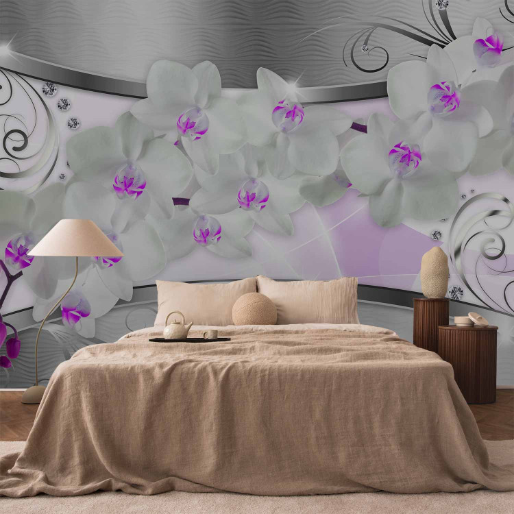 Wall Mural Abstraction with Flowers - White orchids on a silver background with patterns 61366 additionalImage 2