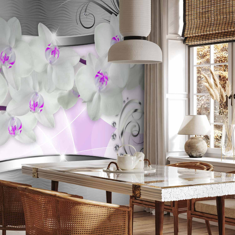 Wall Mural Abstraction with Flowers - White orchids on a silver background with patterns 61366 additionalImage 7