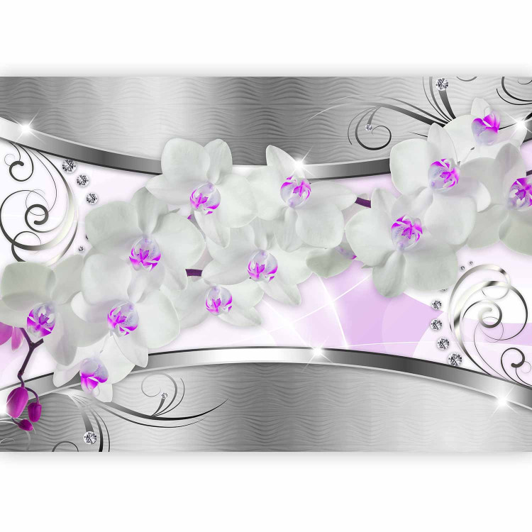 Wall Mural Abstraction with Flowers - White orchids on a silver background with patterns 61366 additionalImage 1