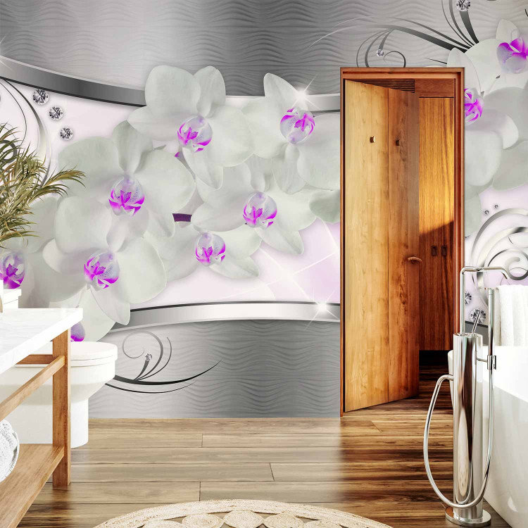 Wall Mural Abstraction with Flowers - White orchids on a silver background with patterns 61366 additionalImage 8