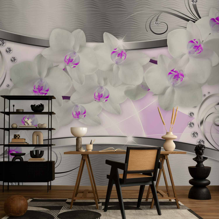Wall Mural Abstraction with Flowers - White orchids on a silver background with patterns 61366 additionalImage 4