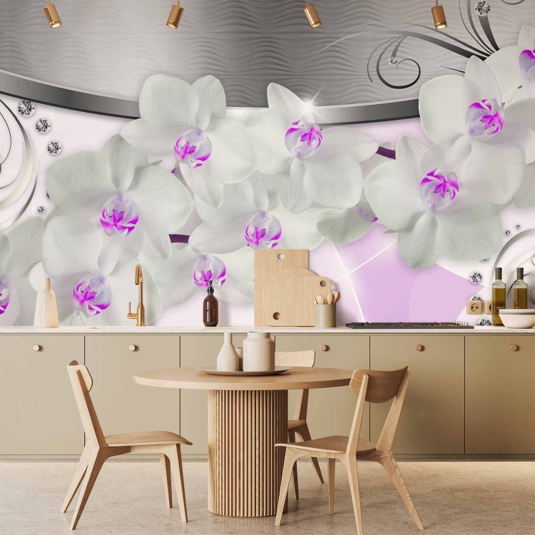 Wall Mural Abstraction with Flowers - White orchids on a silver background with patterns 61366 additionalImage 6