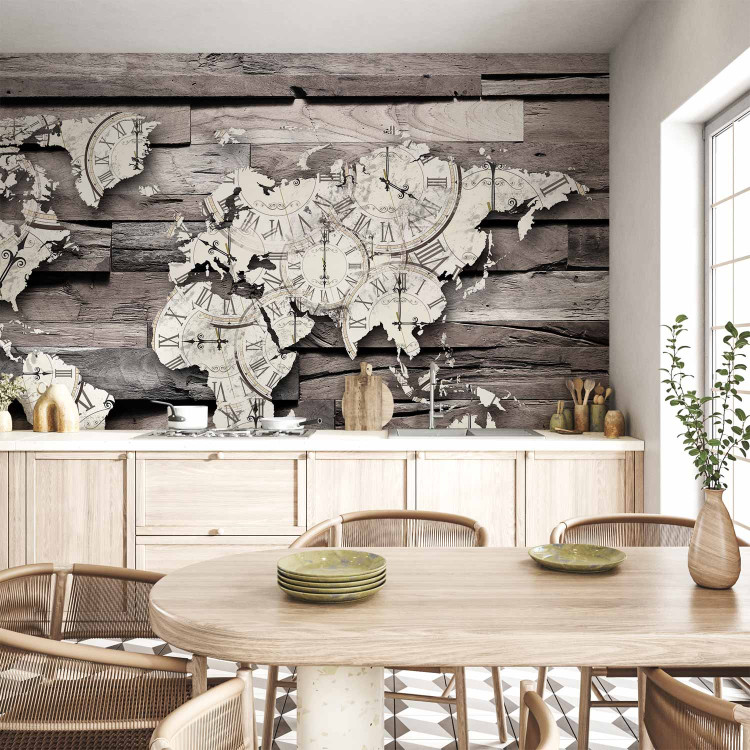 Photo Wallpaper Passing time of the Earth - map of the world with a clock motif on grey wood 63866 additionalImage 6