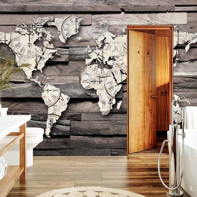 Photo Wallpaper Passing time of the Earth - map of the world with a clock motif on grey wood 63866 additionalImage 8
