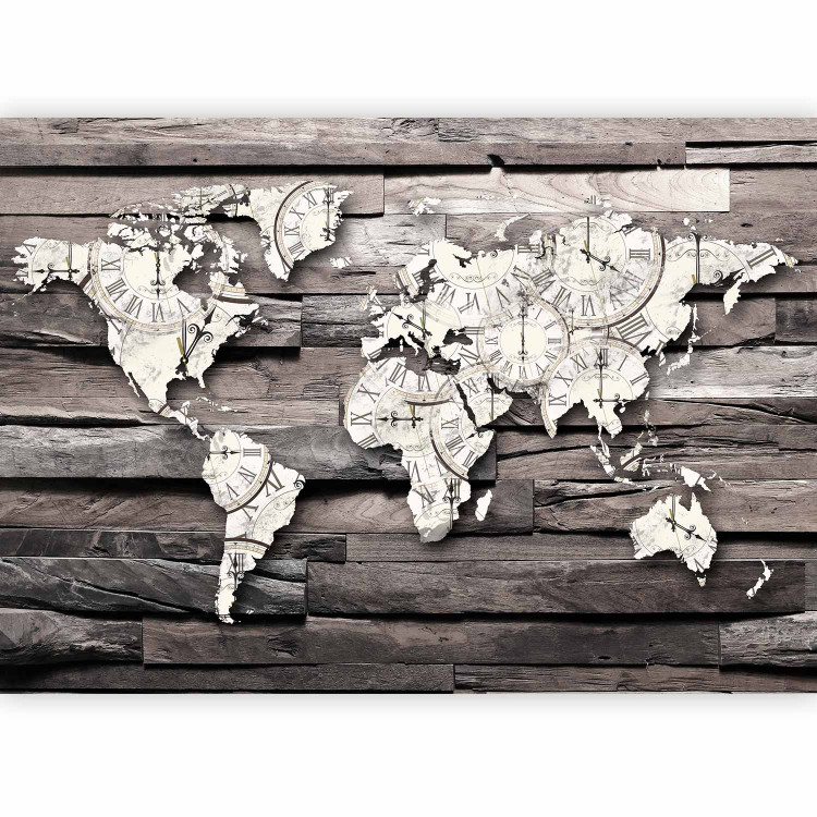 Photo Wallpaper Passing time of the Earth - map of the world with a clock motif on grey wood 63866 additionalImage 1