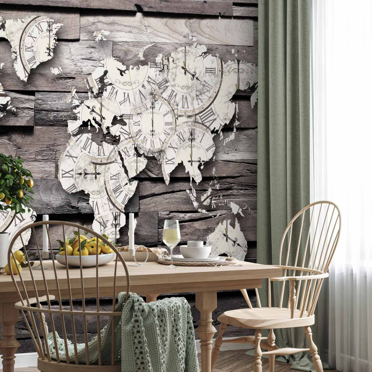 Photo Wallpaper Passing time of the Earth - map of the world with a clock motif on grey wood 63866 additionalImage 7