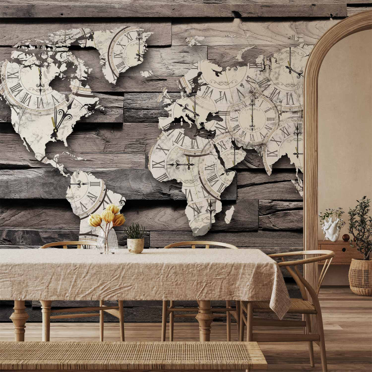 Photo Wallpaper Passing time of the Earth - map of the world with a clock motif on grey wood 63866 additionalImage 4