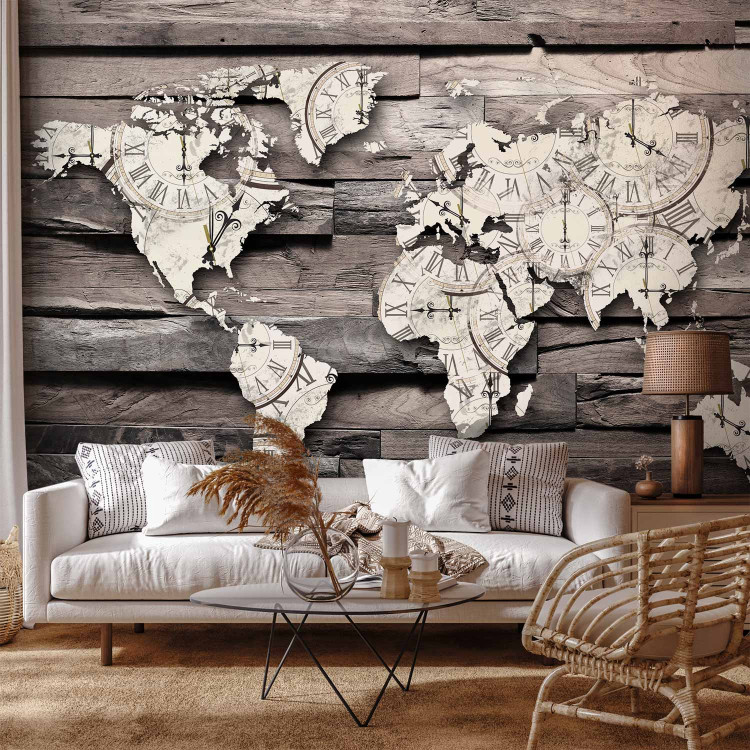 Photo Wallpaper Passing time of the Earth - map of the world with a clock motif on grey wood 63866