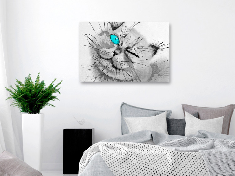 Canvas Grey cat with a blue eye - an animal motif in grey colours 123376 additionalImage 3