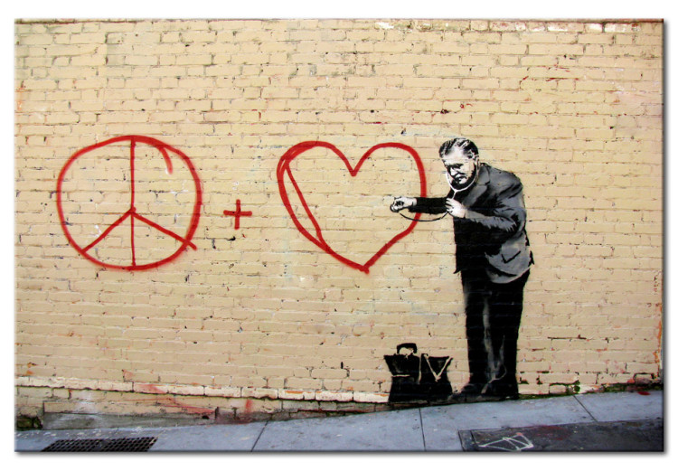 Canvas Art Print Peaceful Doctor (Banksy) - street art of a man on a brick wall 132476
