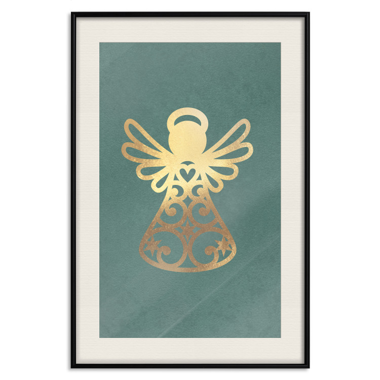 Poster Angelic Holidays - golden angel on a contrasting green background 137976 additionalImage 23