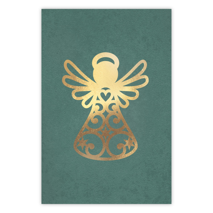 Poster Angelic Holidays - golden angel on a contrasting green background 137976