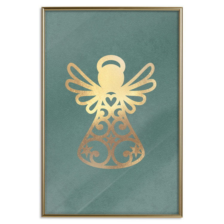 Poster Angelic Holidays - golden angel on a contrasting green background 137976 additionalImage 25