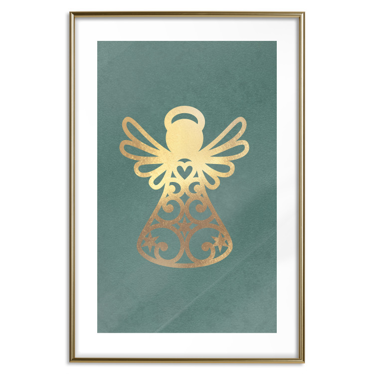 Poster Angelic Holidays - golden angel on a contrasting green background 137976 additionalImage 27