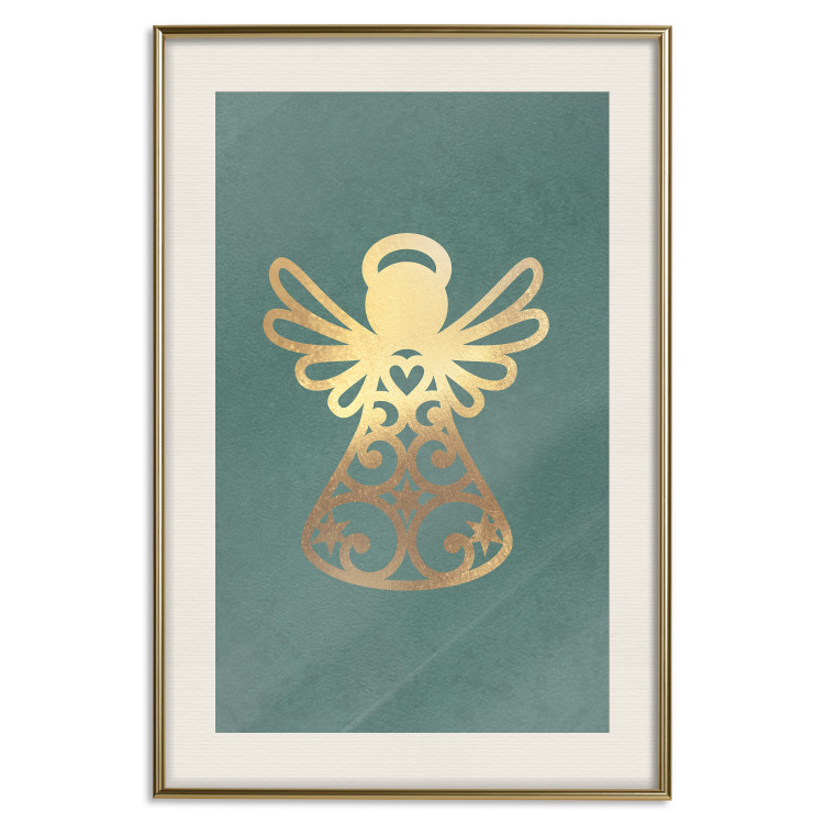 Poster Angelic Holidays - golden angel on a contrasting green background 137976 additionalImage 22
