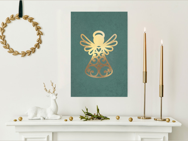 Poster Angelic Holidays - golden angel on a contrasting green background 137976 additionalImage 12